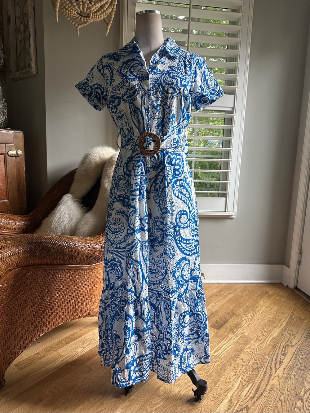 BOSTON PROPER BELTED PRINT MIDI SHIRT DRESS PATRIOTIC PAISLEY WAVE MEDIUM NEW
